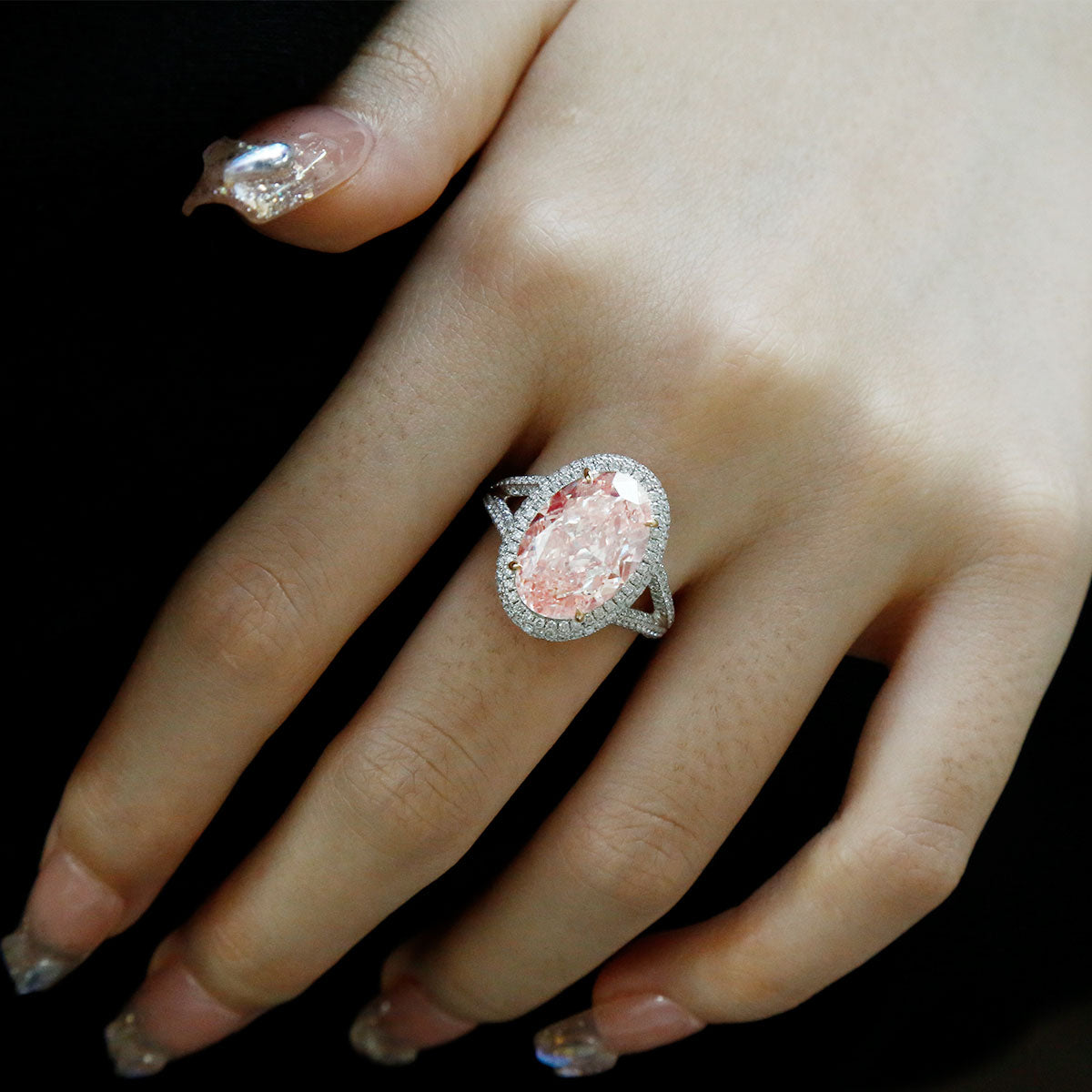 18K White Gold Oval Pink Diamond Engagement Ring Lab-Grown Diamond Custom Ring (8.22CTW-FP-FIP-FVP/VS-VVS)