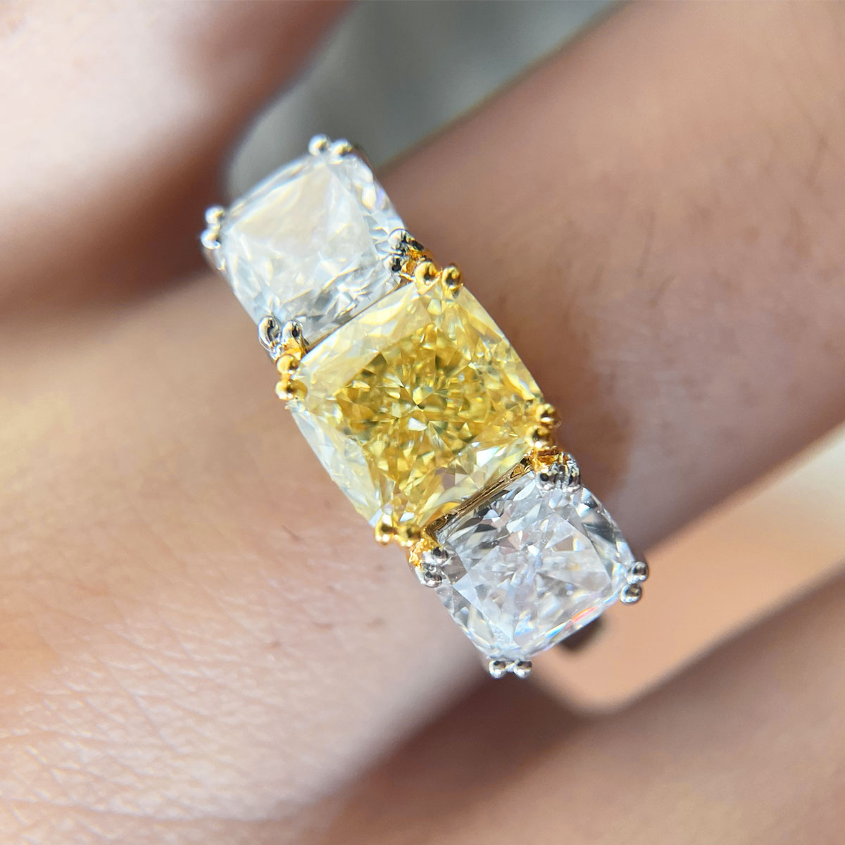 18K White Gold Cushion Yellow Diamond Engagement RingLab-Grown Diamond Custom Ring (4.12CTW-FY-FIY-FVY/VS-VVS)