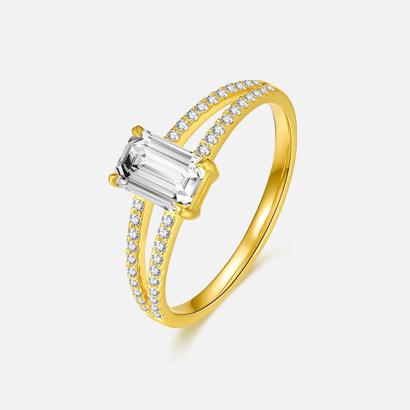 Bague de fiançailles personnalisée en or jaune 18 carats avec diamant taille émeraude et diamant cultivé en laboratoire (2,086 CTW-DF/VS-VVS)